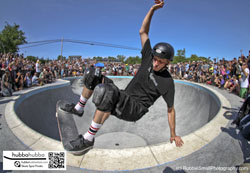 Tony hawk, Andy Macdonald, and other professional skateboarders at the ann arbor skatepark grand opening in ann arbor, michigan